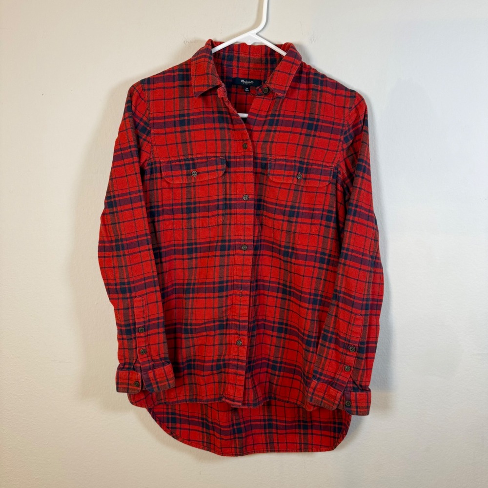 Madewell Red Navy Plaid Flannel Shirt Womens XS Long Sleeve Button Down Casual